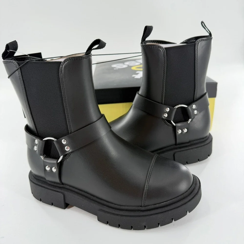 Art Class Crosby Harness Boots Modern Girls Size 2‎ Black Faux Leather Lug Sole